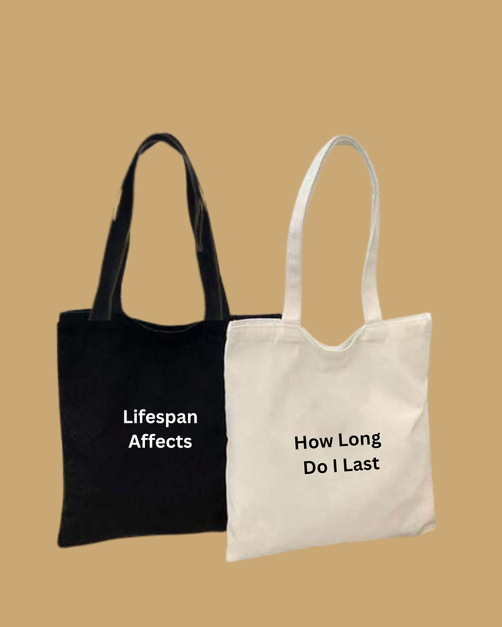 Black and white reusable cotton tote bags illustrating the factors affecting cotton tote bag lifespan and durability, including fabric quality and proper care.