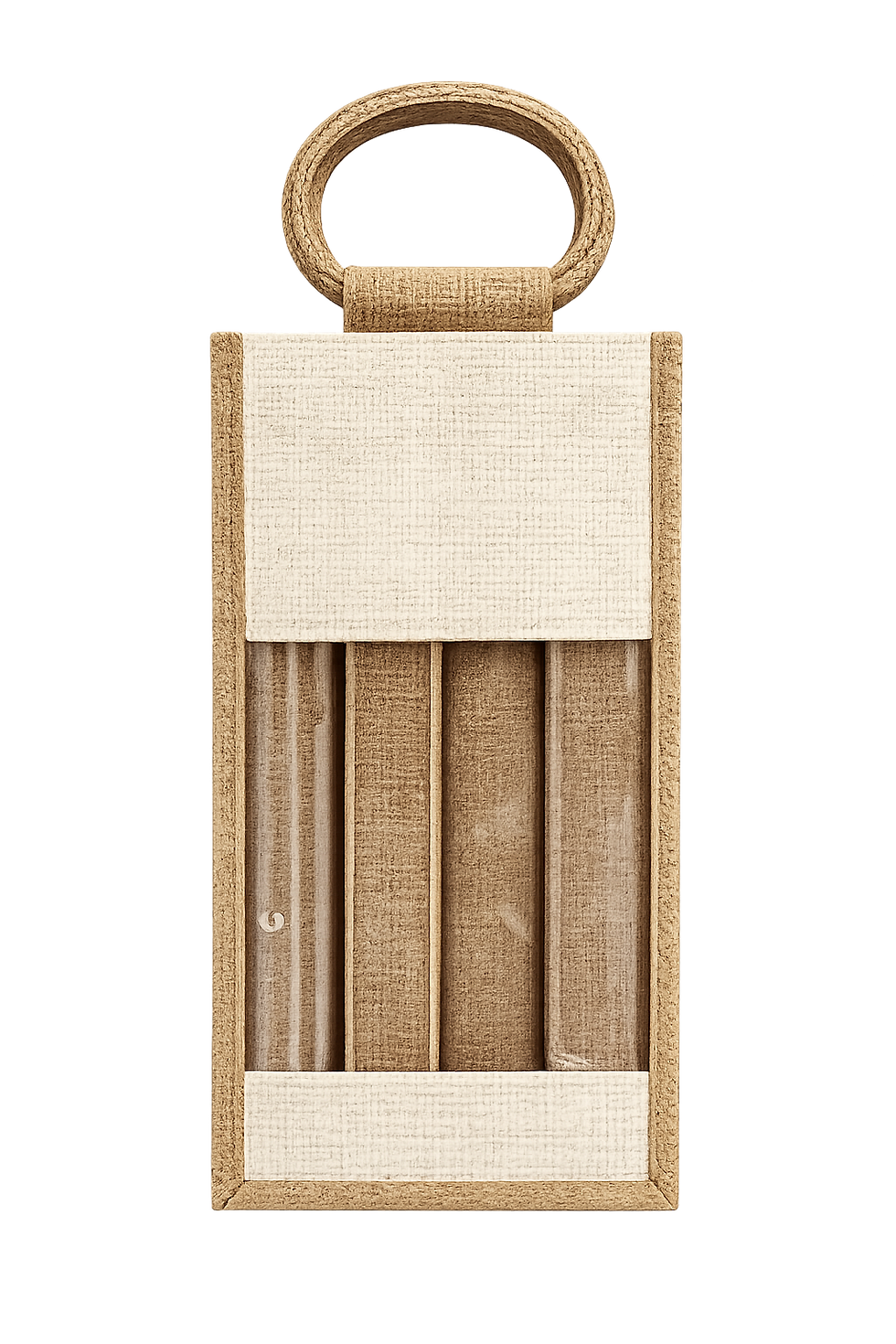 Eco friendly bottle bag with natural jute body and transparent window, reusable double wine bottle gift bag for premium packaging.