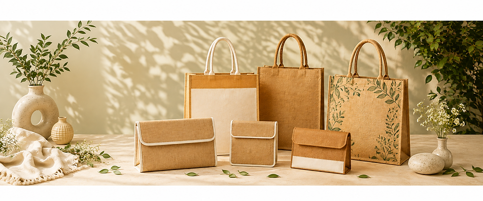 Corporate collection of premium jute and cotton bags, including tote bags, gift bags, and custom carry bags displayed in a natural, professional setting.