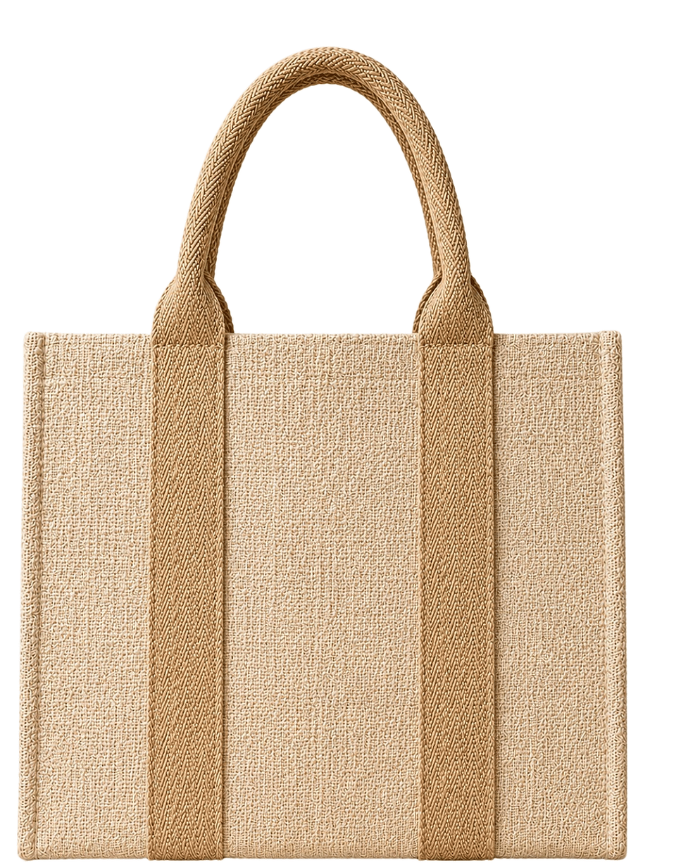 Close-up of a natural jute tote bag handle with reinforced stitching for durability.