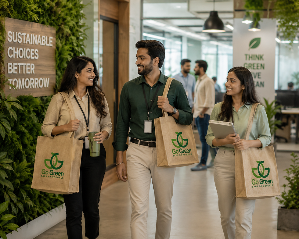 Young professionals carrying branded custom jute bags in a green office environment, promoting sustainable branding, eco-friendly workplaces, and reusable bags