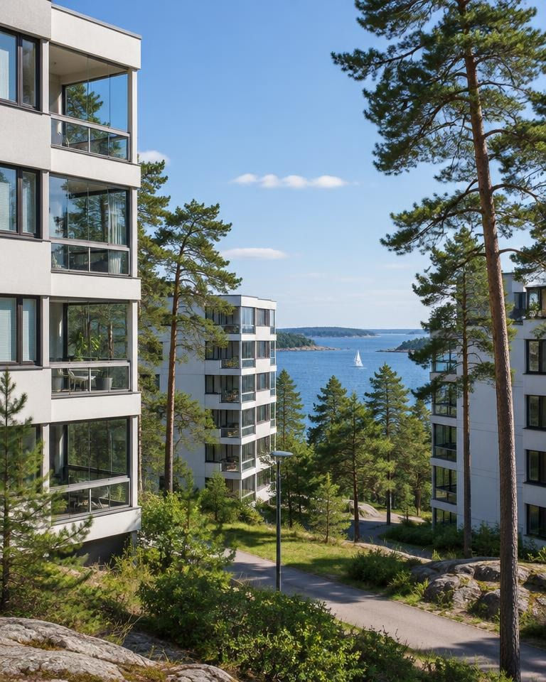 Modern apartment buildings by the sea in Espoo, Finland