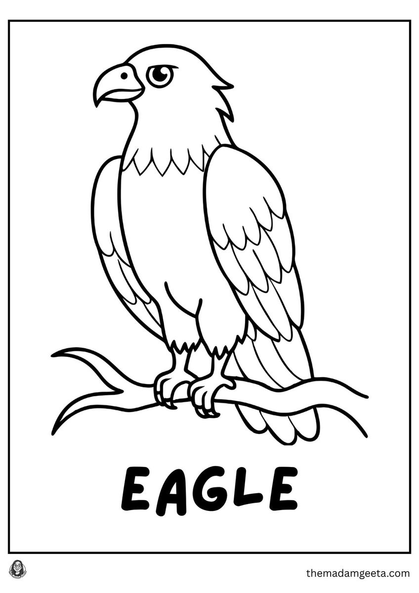 Strong eagle sitting on a branch, simple and bold outline coloring page for kids