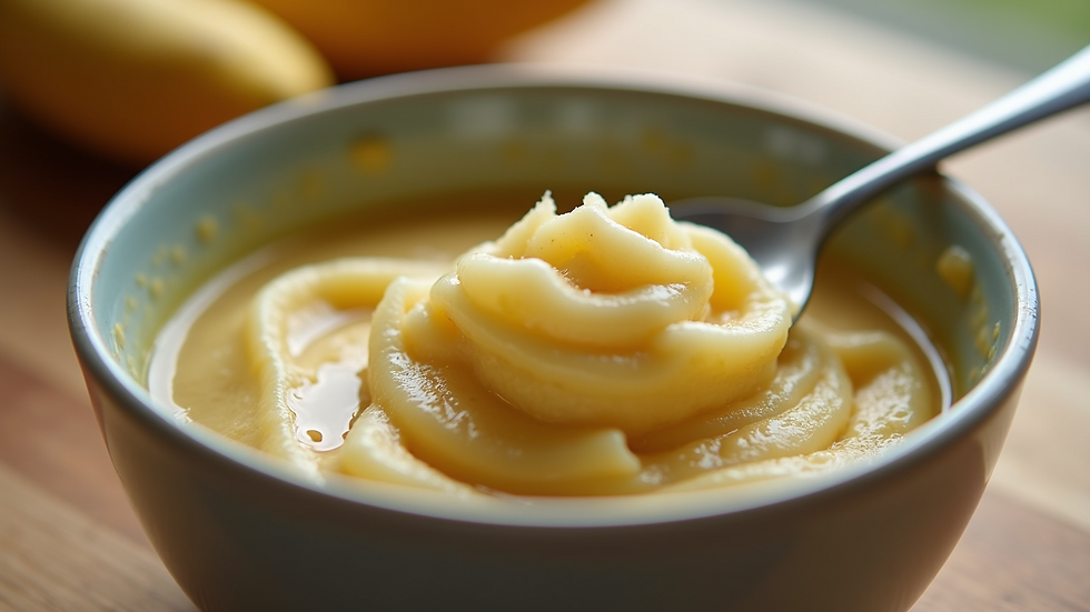 Eye-level view of a small bowl with mashed banana and a spoon