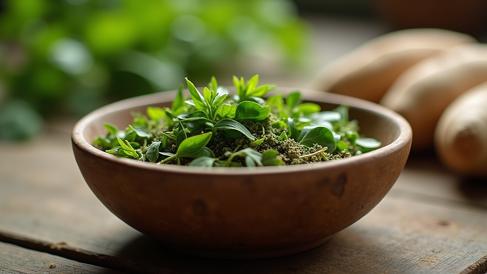 Close-up view of a herbal preparation bowl with fresh Ayurvedic herbs