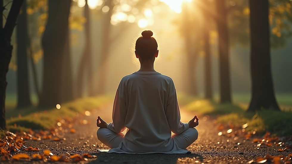 Eye-level view of a person meditating in a serene environment