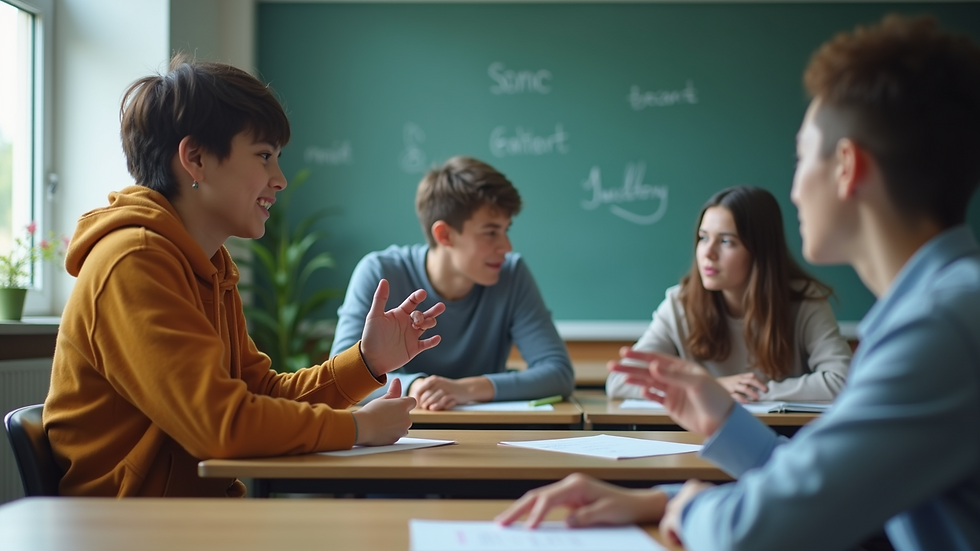 Close-up view of a student practicing English conversation in a classroom