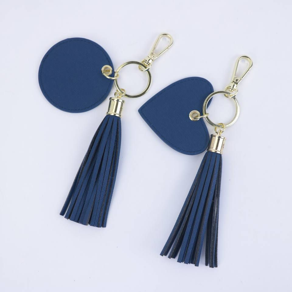 Thumbnail: Blank - Saffiano PU Leather Heart or Circle Tassel Keyring with Gold capping