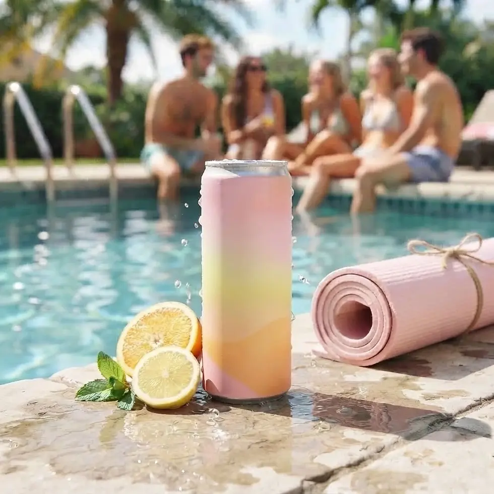 Commercial product photography of a canned beverage with a pastel gradient finish. It sits poolside next to citrus slices and a yoga mat, creating a refreshing, relaxed summer atmosphere.