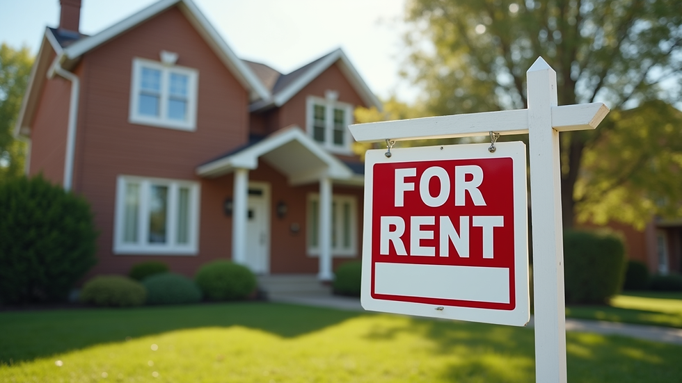 Eye-level view of a suburban rental property with a "For Rent" sign in front