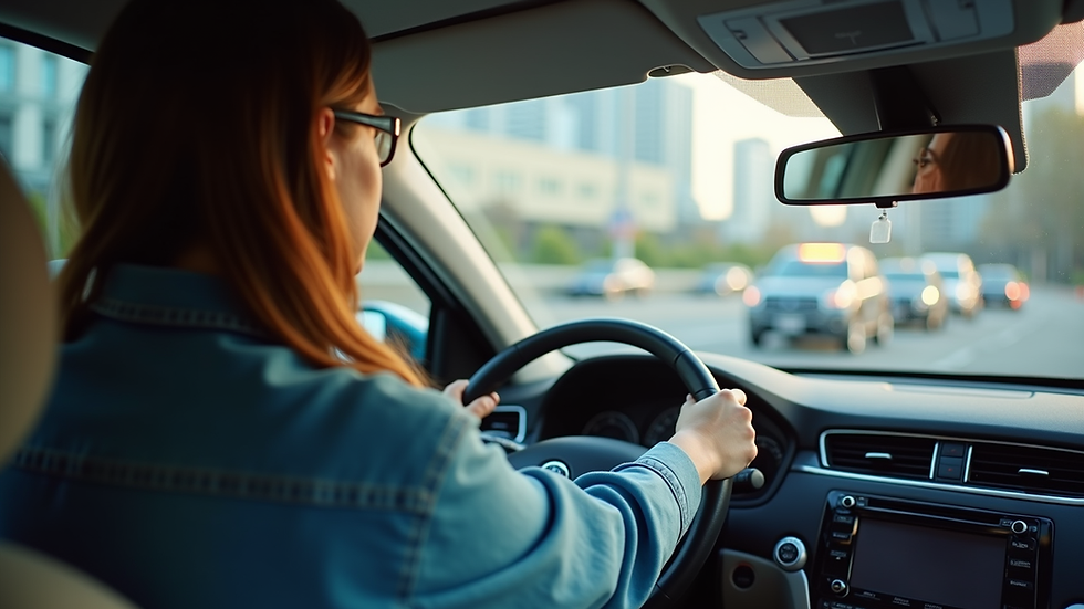 Eye-level view of a rideshare driver checking vehicle dashboard before starting a trip