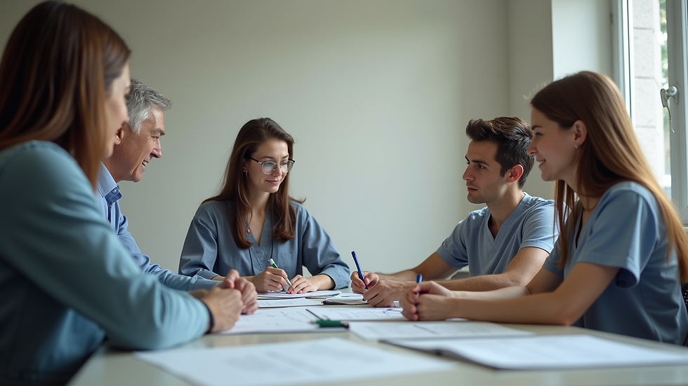 Eye-level view of a small group of people sitting around a table discussing care plans