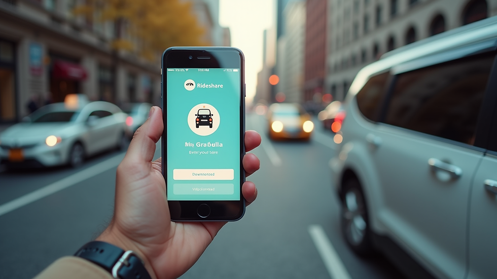 Eye-level view of a smartphone displaying a rideshare app download page