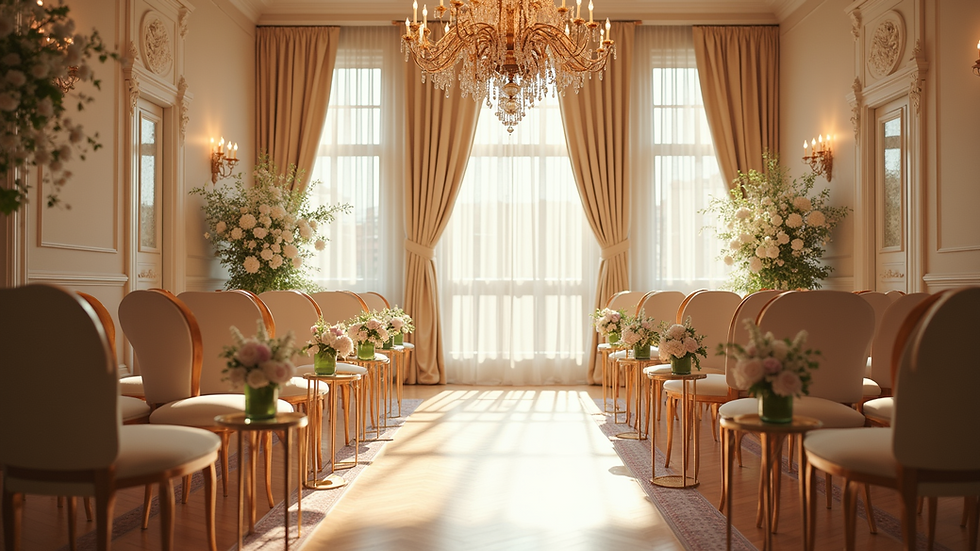 Wide angle view of a beautifully decorated wedding venue