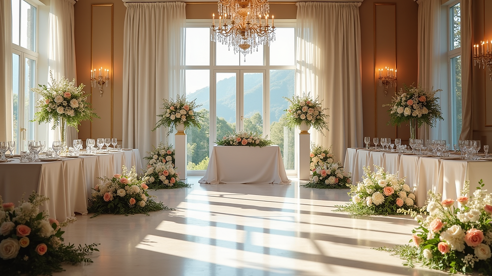 Wide angle view of a beautifully decorated wedding venue