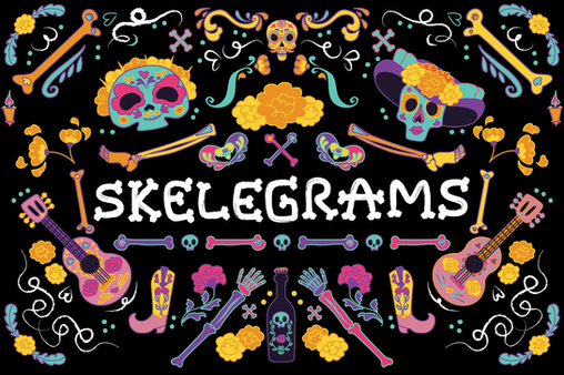 skulls, guitars, flowers, skelegrams, board game