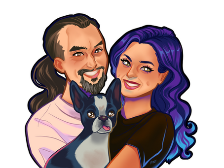 commissioned portrait of a couple with a dog
