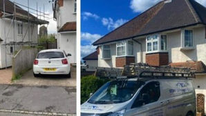 Split screen photo showing car in driveway on one side and the Stay Dry Roofing & Guttering van in front of a house in the other