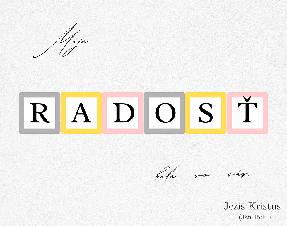 Hláskované slovo „RADOST“ na bielom pozadí; farby sú sivá, žltá a ružová."Moja radosť bola vo vás. Ježiš Kristus (Ján 15:11)."