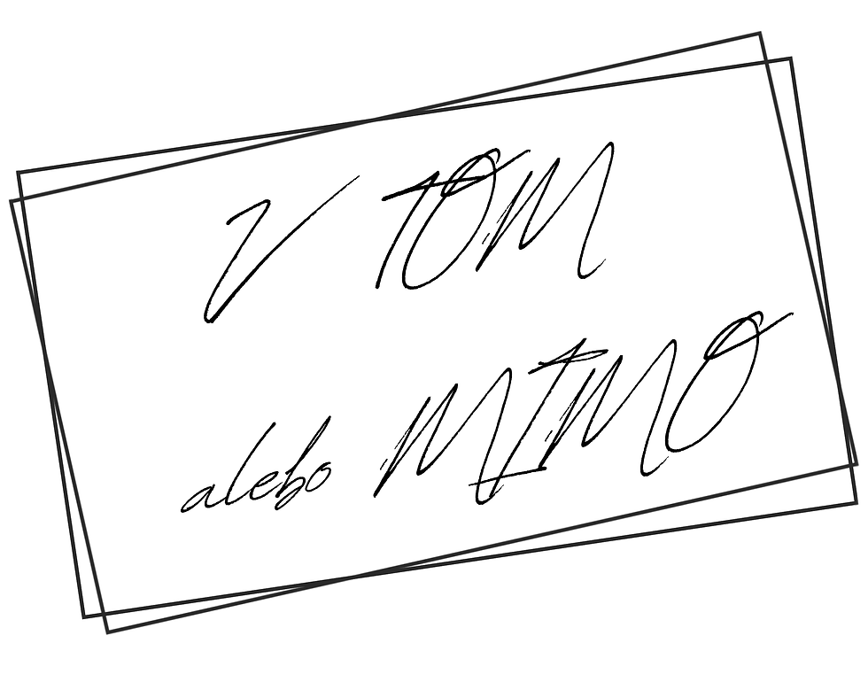 Čierny ručne písaný text „V tom alebo mimo“ na prekrývajúcich sa bielych obdĺžnikoch vytvára efekt vrstvenia.