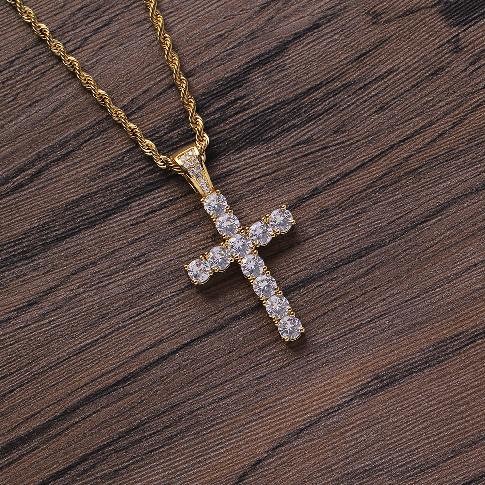 Crucifix  Large Diamonds Necklace Rope Chain - Gold