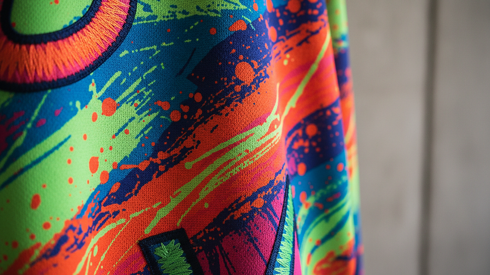 Close-up view of a custom hockey jersey fabric showing vibrant colors and stitching