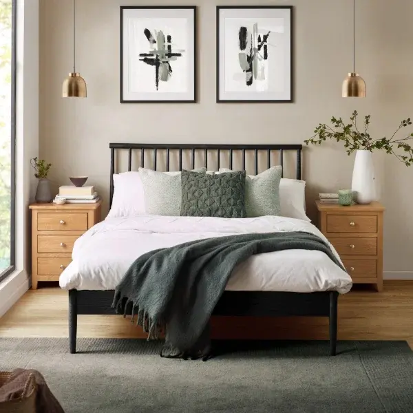 Thumbnail: Shelton Black Oak Spindle Bed in a modern bedroom setting.