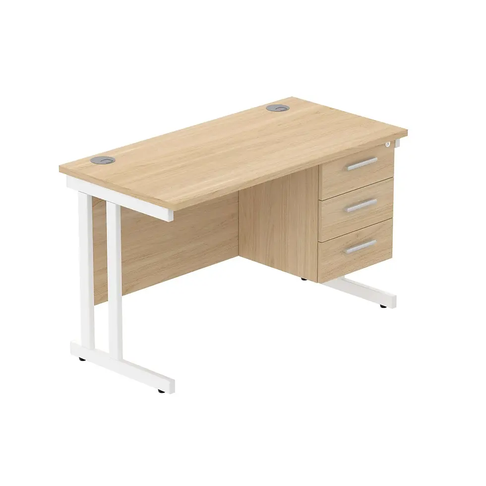 Thumbnail: Oak desk with white cantilever legs and 3-drawer pedestal