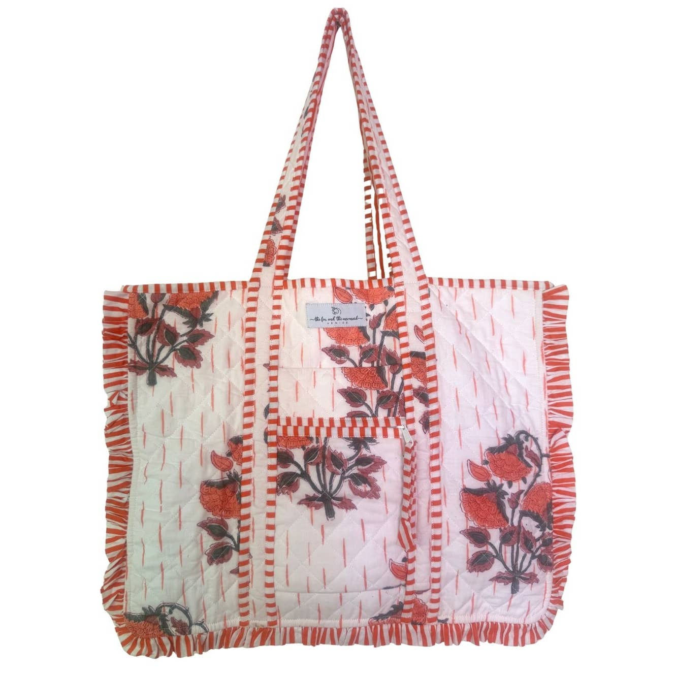 Reversible Quilted Block Printed Tote Bag with Ruffles | White & Red