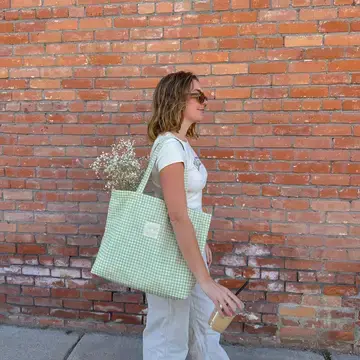 Thumbnail: Wide Zippered Tote Bag | Sage Gingham