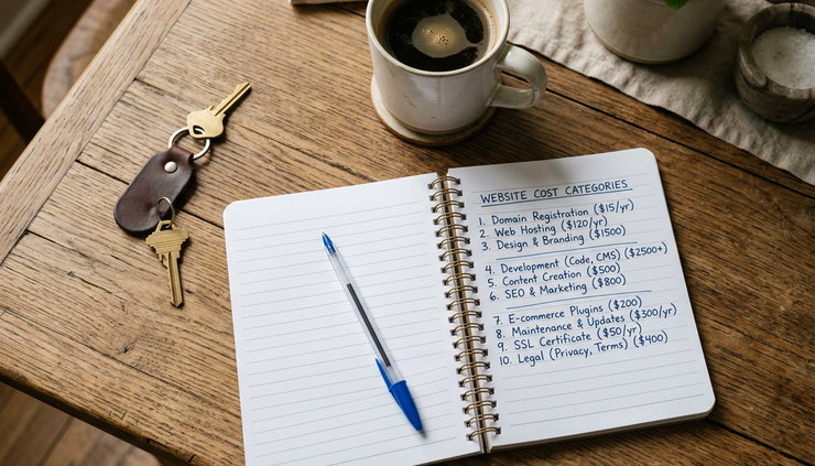 Overhead view of a notebook listing website fees next to keys and a coffee cup on a kitchen table.