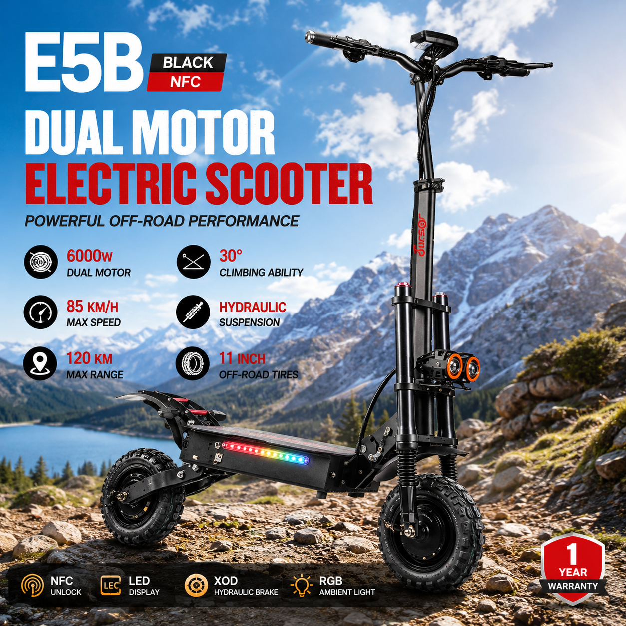 E5B High Speed Electric Scooter 3000W×2 Dual Motor 60V 35Ah Lithium Battery 150