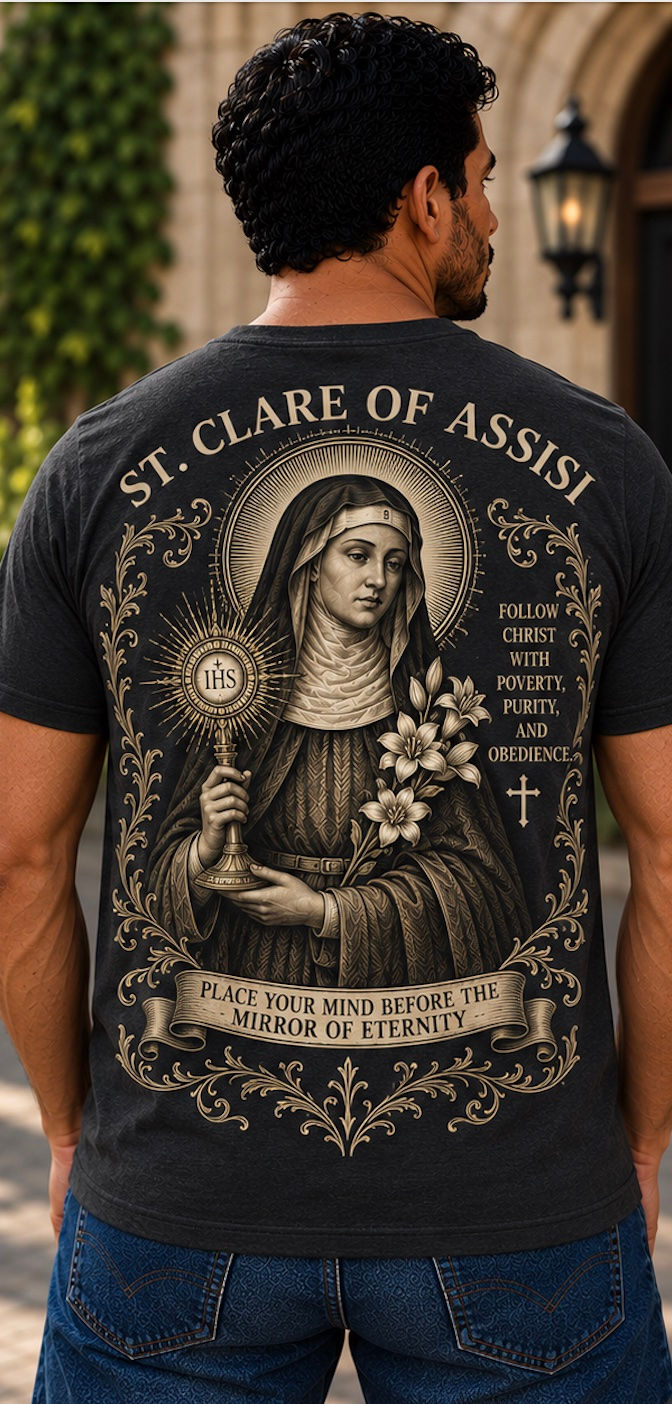St. Clare of Assisi – Mirror of Eternity Tee - Charcoal