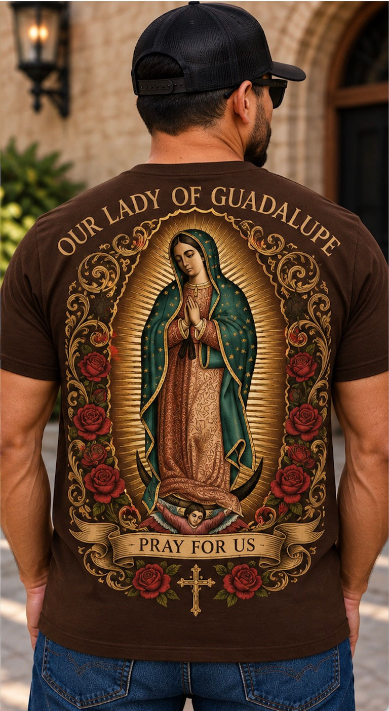 Our Lady of Guadalupe Pray for Us Tee - Brown