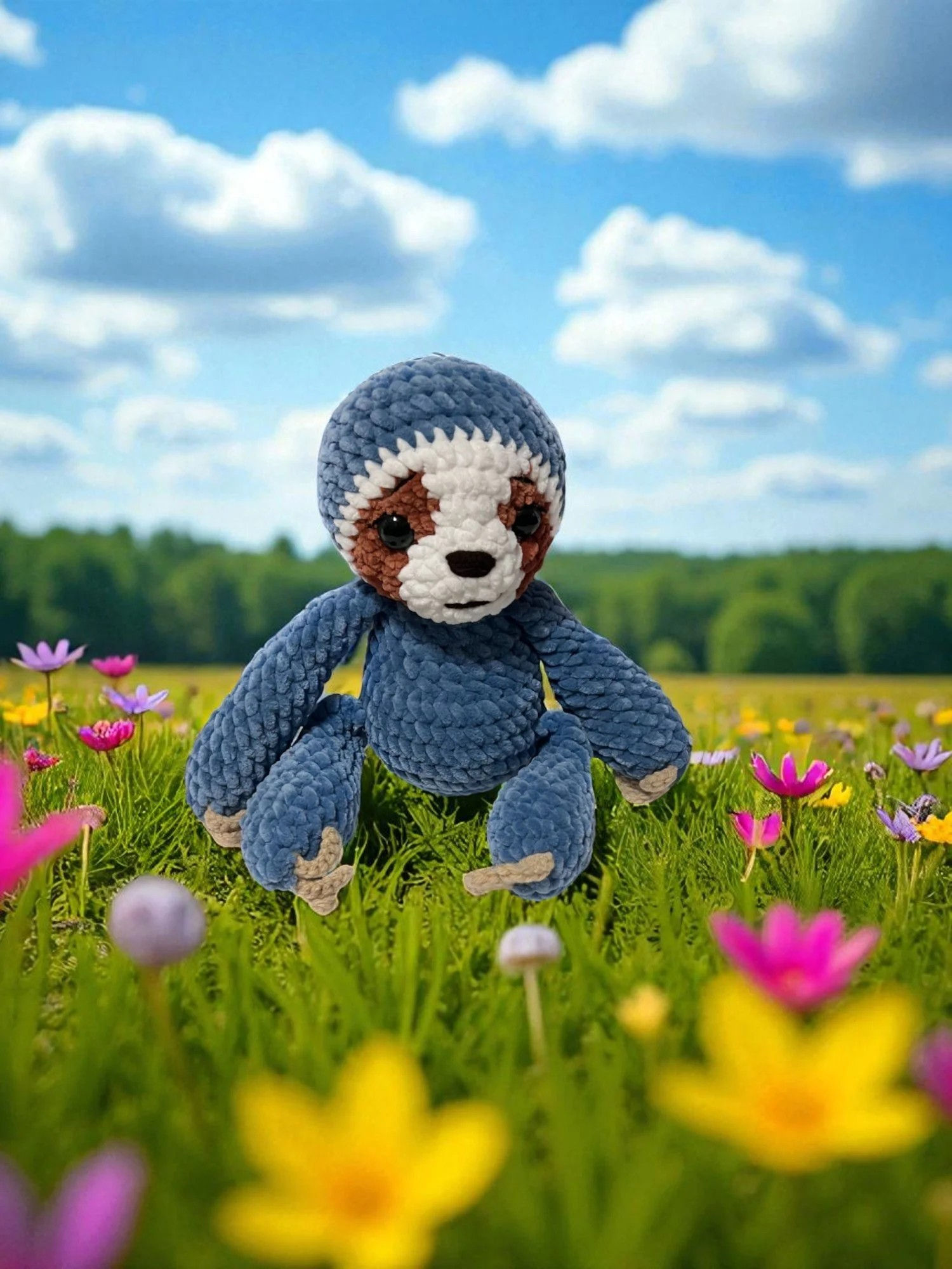handcrafted crochet sloth with blue body, brown and white face with large safety eyes and tan claws