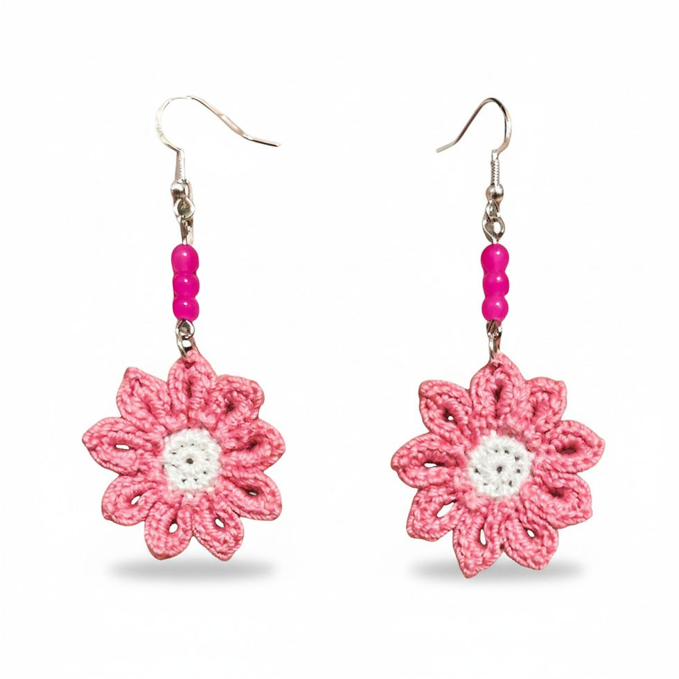 handcrafted crochet earrings, pink daisy - white center, with pink beads, custom crochet accessory by Creative Hooks.