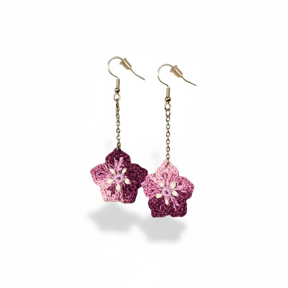 Thumbnail: handcrafted crochet pink & red daisy earrings, a custom crochet accessory by Creative Hooks.
