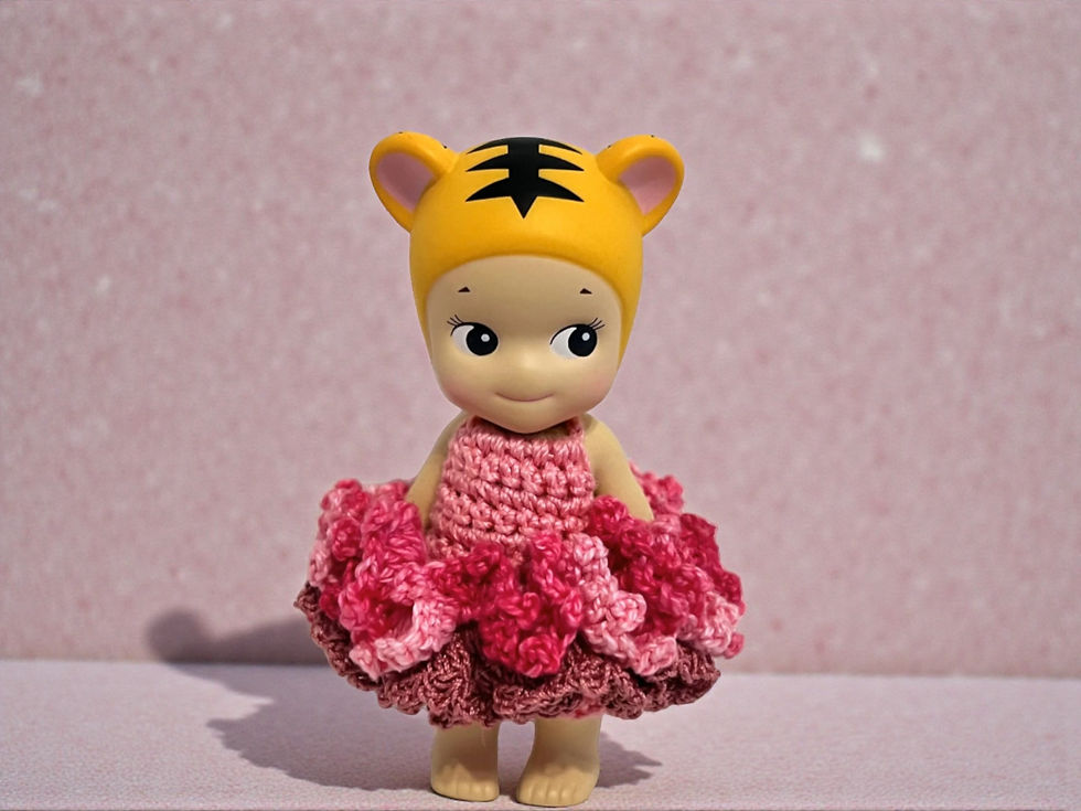 sonny angel doll in handcrafted crochet dress, pink & white with tutu style ruffle skirt, unique gift by Creative Hooks.