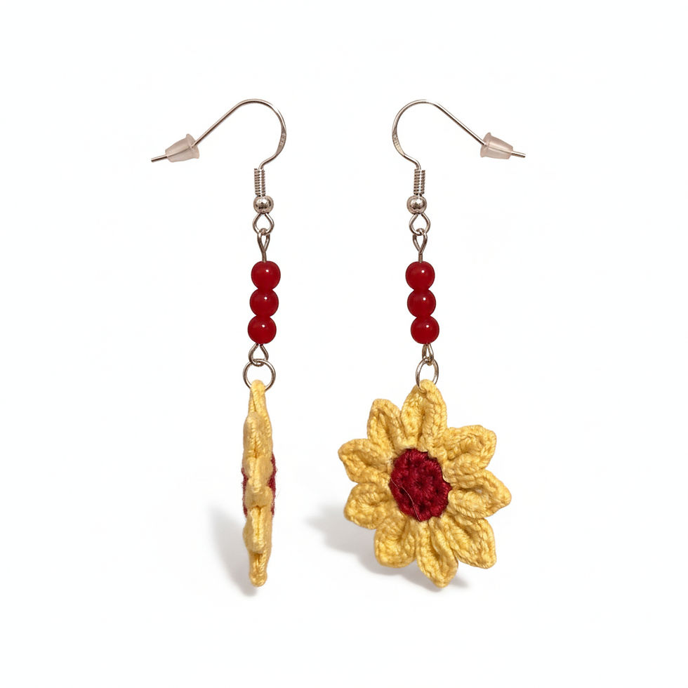 handcrafted crochet earrings, yellow daisy - red center, with red beads, custom crochet accessory by Creative Hooks.