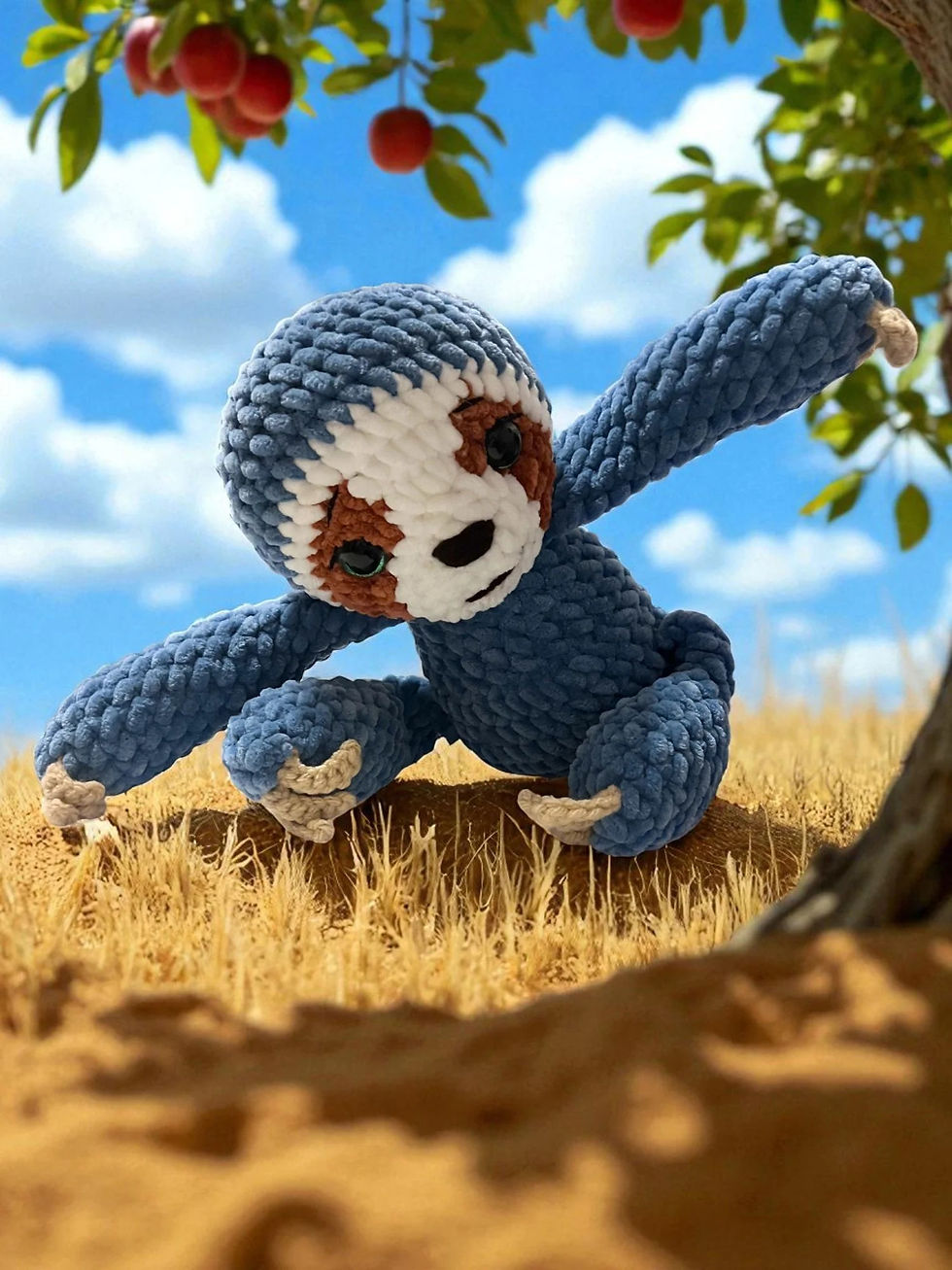Thumbnail: handcrafted crochet sloth with blue body, brown and white face with large safety eyes and tan claws
