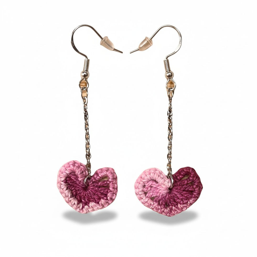 crochet heart shape chain drop earrings, pink and red varigated thread, handcrafted by Creative Hooks