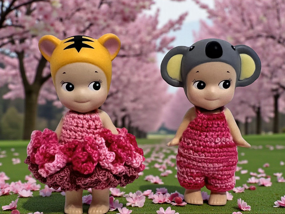 Two Sonny Angel dolls wearing handcrafted crochet jumper and dress, posed against a soft floral bac