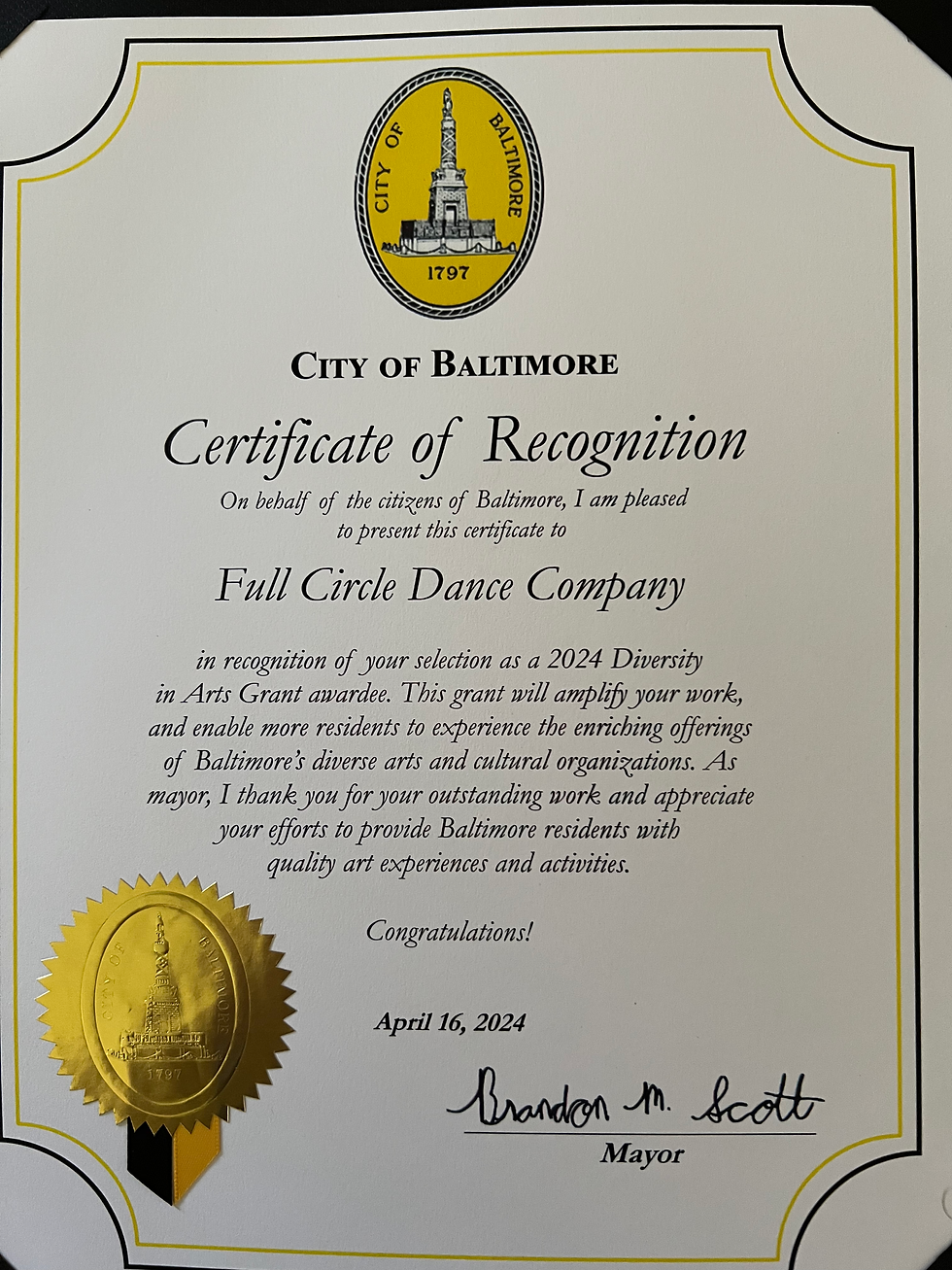 Thank you, Baltimore Mayor Brandon M. Scott and United Way of Central Maryland! Artistic Director Donna L. Jacobs accepted Full Circle Dance Company's 2024 Diversity in Arts Grant at a press conference Tuesday, April 16th. It was an amazing opportunity to be inspired by so many arts leaders in our creative, vibrant city.