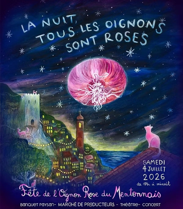 LA FÊTE DE L'OIGNON ROSE DE MENTON À ROQUEBRUNE CAP MARTIN SAMEDI 4 JUILLET 2026, ESPLANADE JEAN-GIOAN DE 17H00 À MINUIT: BANQUET PAYSAN, MARCHÉ DES PRODUCTEURS, THÉÂTRE ET MUSIQUE EN DIRECT
