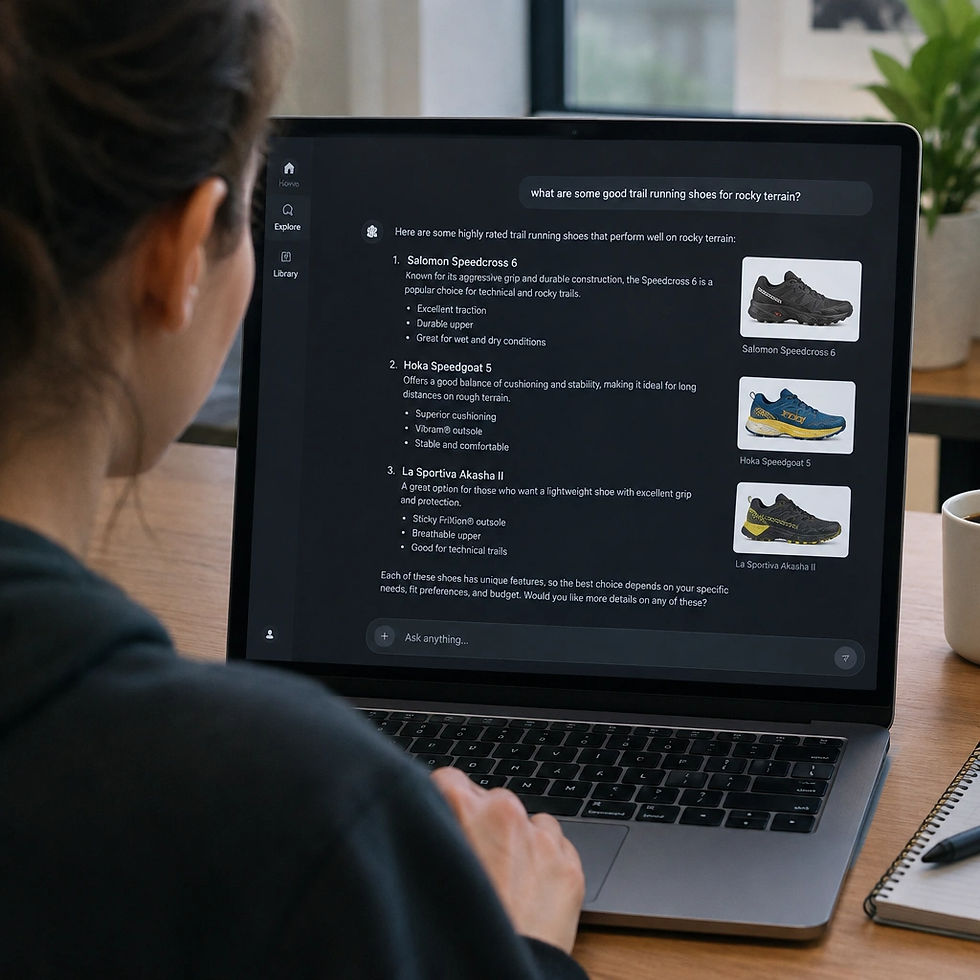 I want an image of someone searching for a trail running shoe in a generic ai search engin