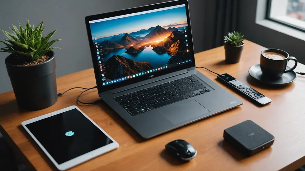 High angle view of a modern laptop setup with VoIP software displayed