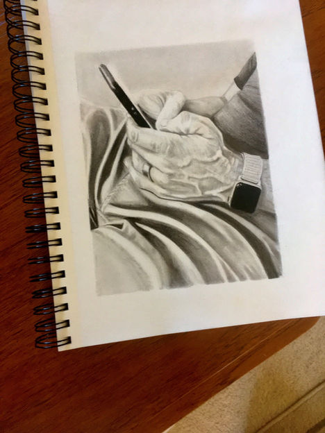 Man's hands holding iPhone, Apple watch, drawn in pencil.