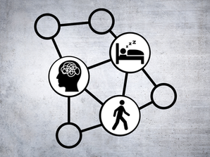 grid connecting graphics of stress, sleep, and walking