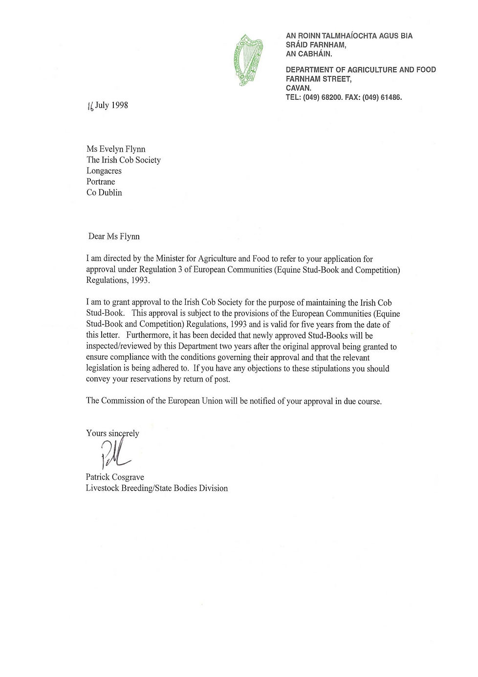 P Cosgrave 16 Jul 1998 ICS Approval.jpg