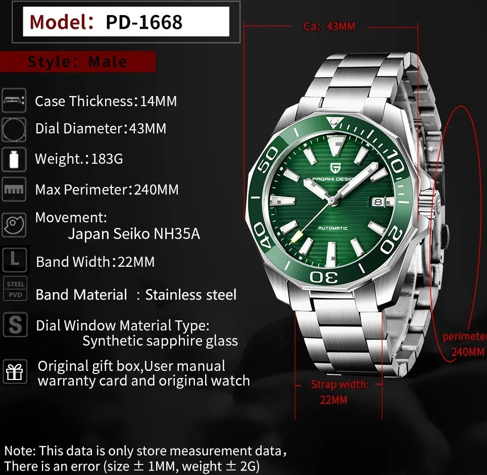 Miniatura: Relógio Submariner 100m Pagani Design Pd1668 Seiko Nh35a